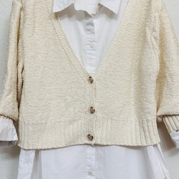 Elan • Cream Knit Cardigan with Attached White Button Up Shirt - Picture 3 of 4